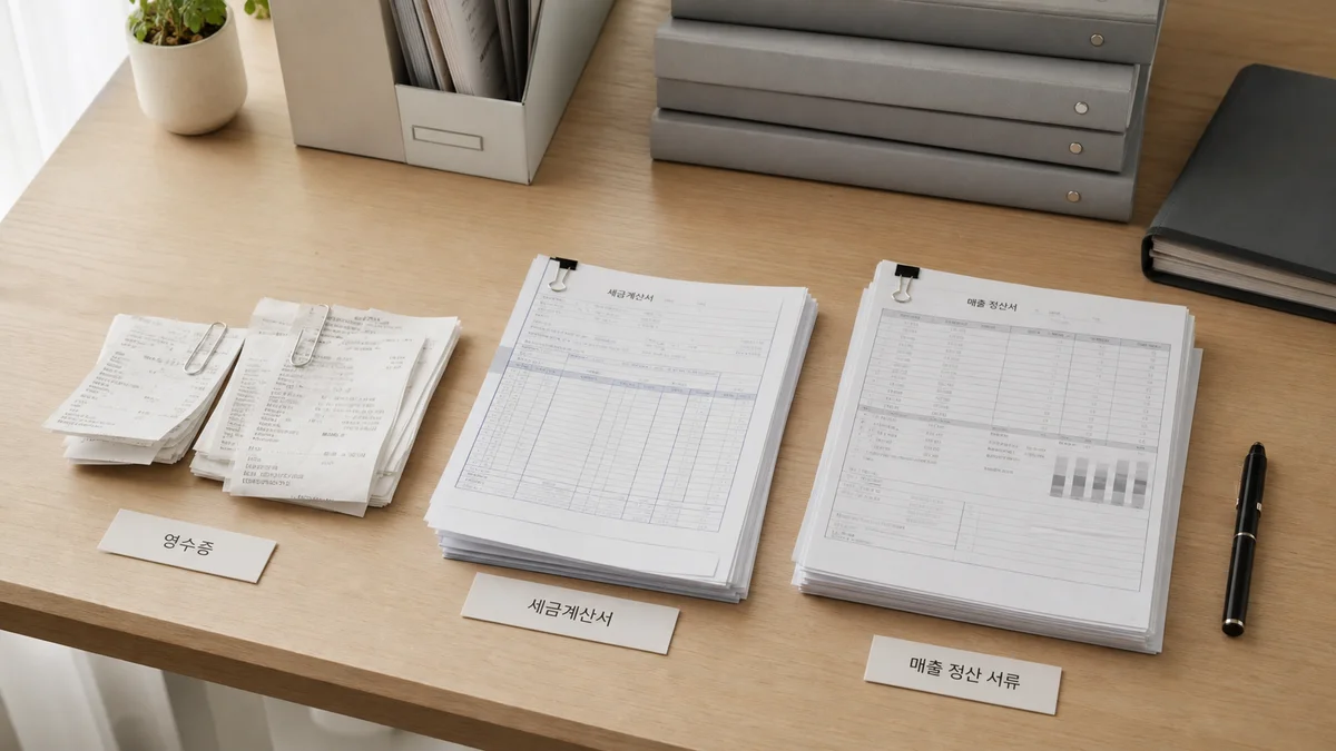 영수증·세금계산서·매출 서류를 분류해 정리해 둔 책상