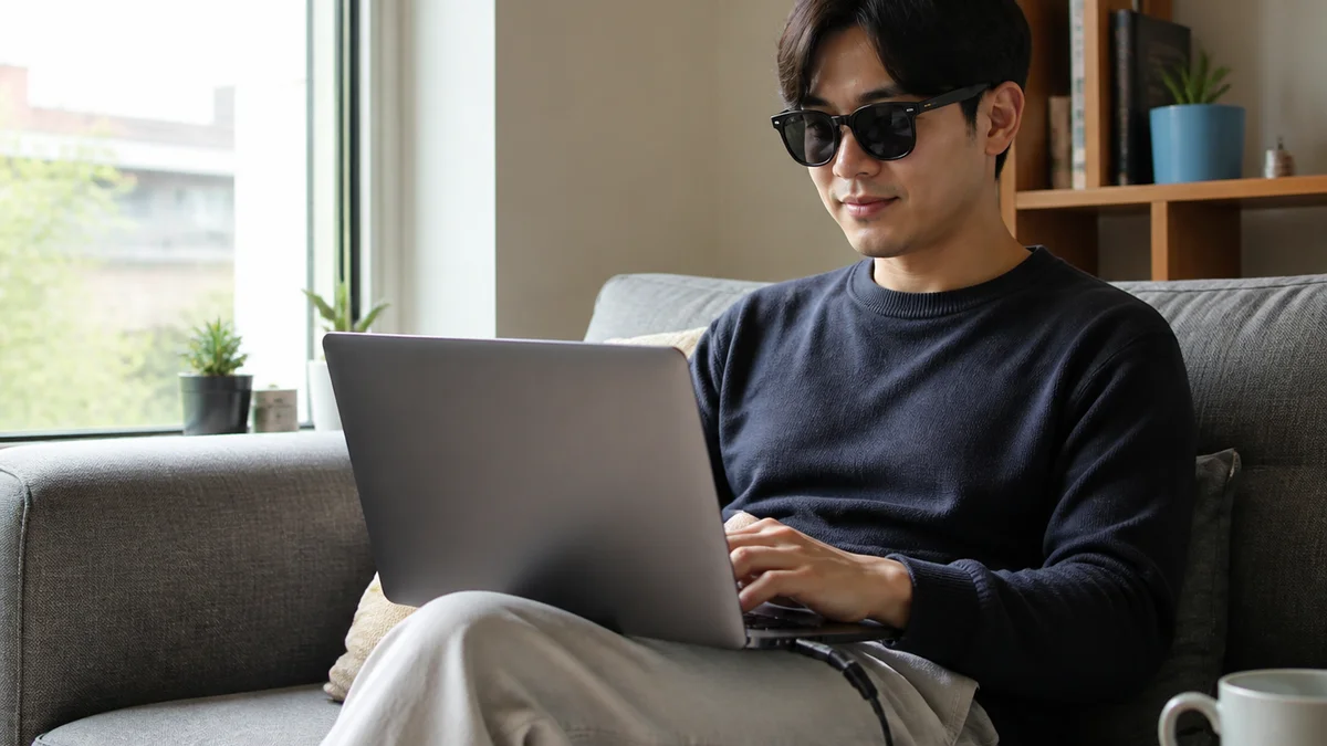 실내 소파에서 디스플레이형 스마트 안경을 착용하고 노트북에 연결한 모습