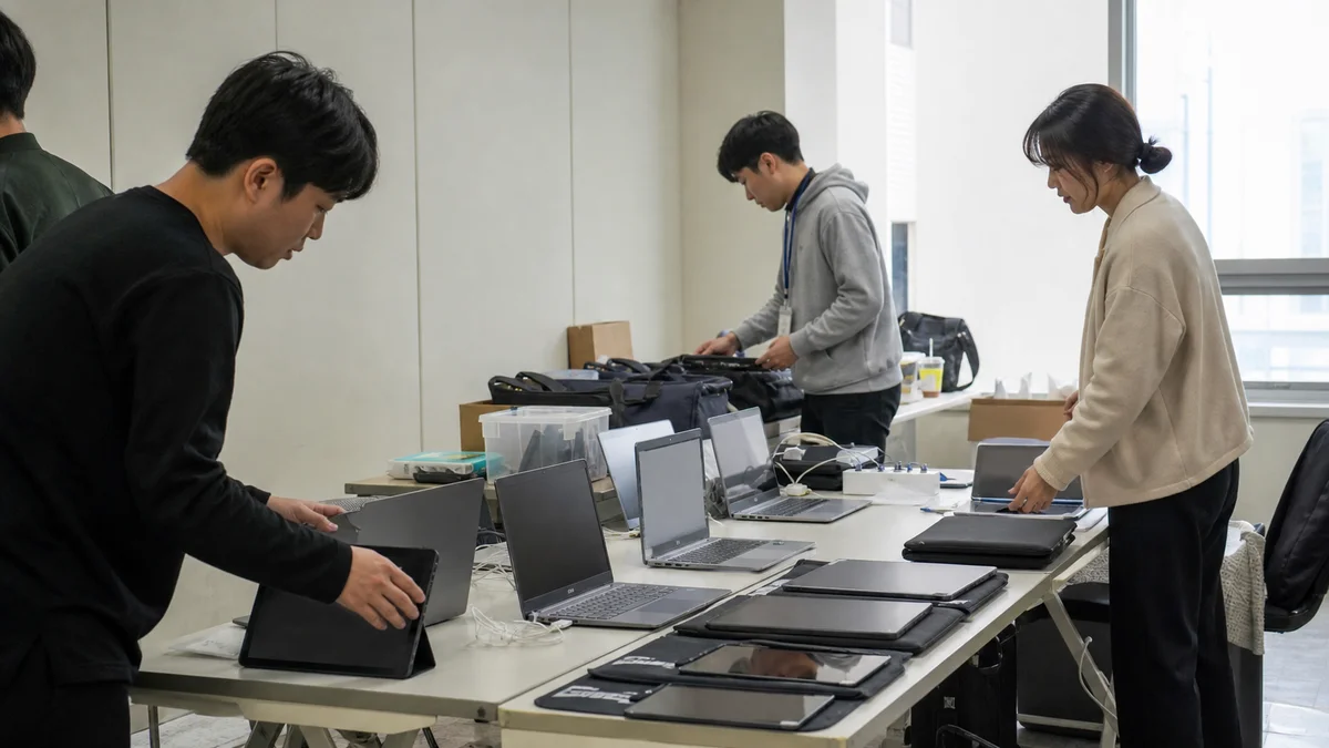 행사 준비실에서 노트북과 태블릿 여러 대를 준비하는 모습