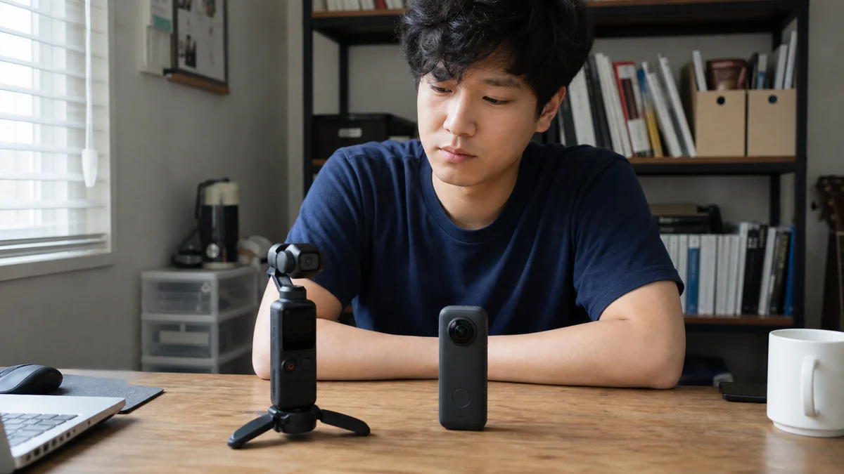짐벌 카메라와 360도 카메라를 앞에 두고 살펴보는 모습