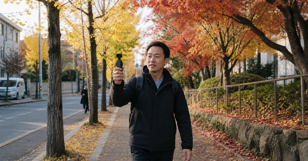 가을 단풍길에서 짐벌 카메라로 브이로그를 촬영하는 모습