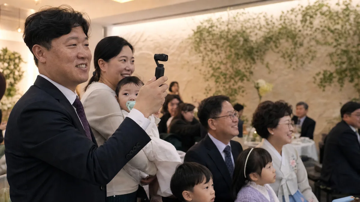 결혼식 가족 공간에서 짐벌 카메라로 영상을 촬영하는 모습
