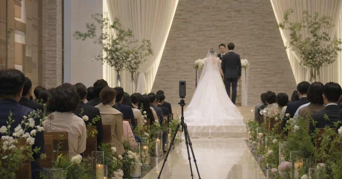 결혼식장 한가운데 삼각대에 360 카메라를 세워 둔 본식 풍경