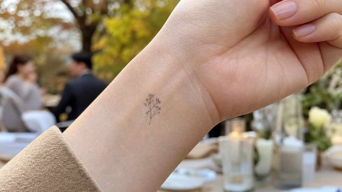 가을 결혼식 하객의 손목에 새겨진 작은 임시 타투