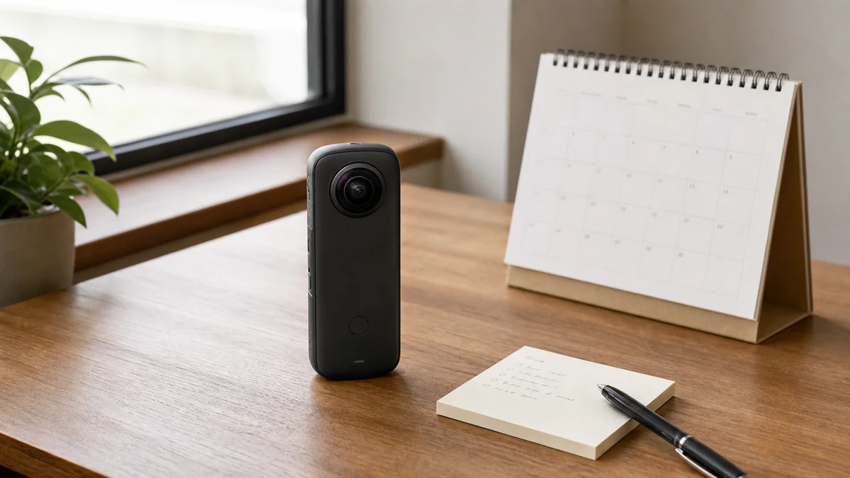 책상 위 360 카메라와 탁상 달력