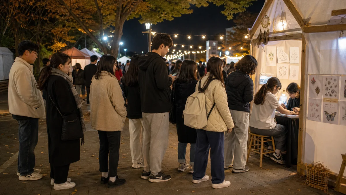 야간 축제장 즉석 타투 체험 부스 앞에 줄 선 관람객