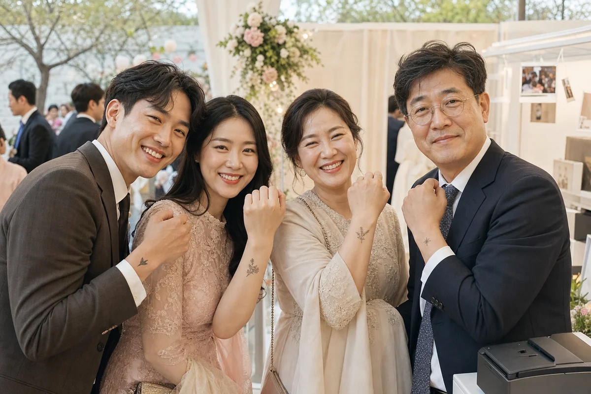 결혼식 프링커 부스에서 임시 타투를 받고 자연스럽게 웃는 하객들