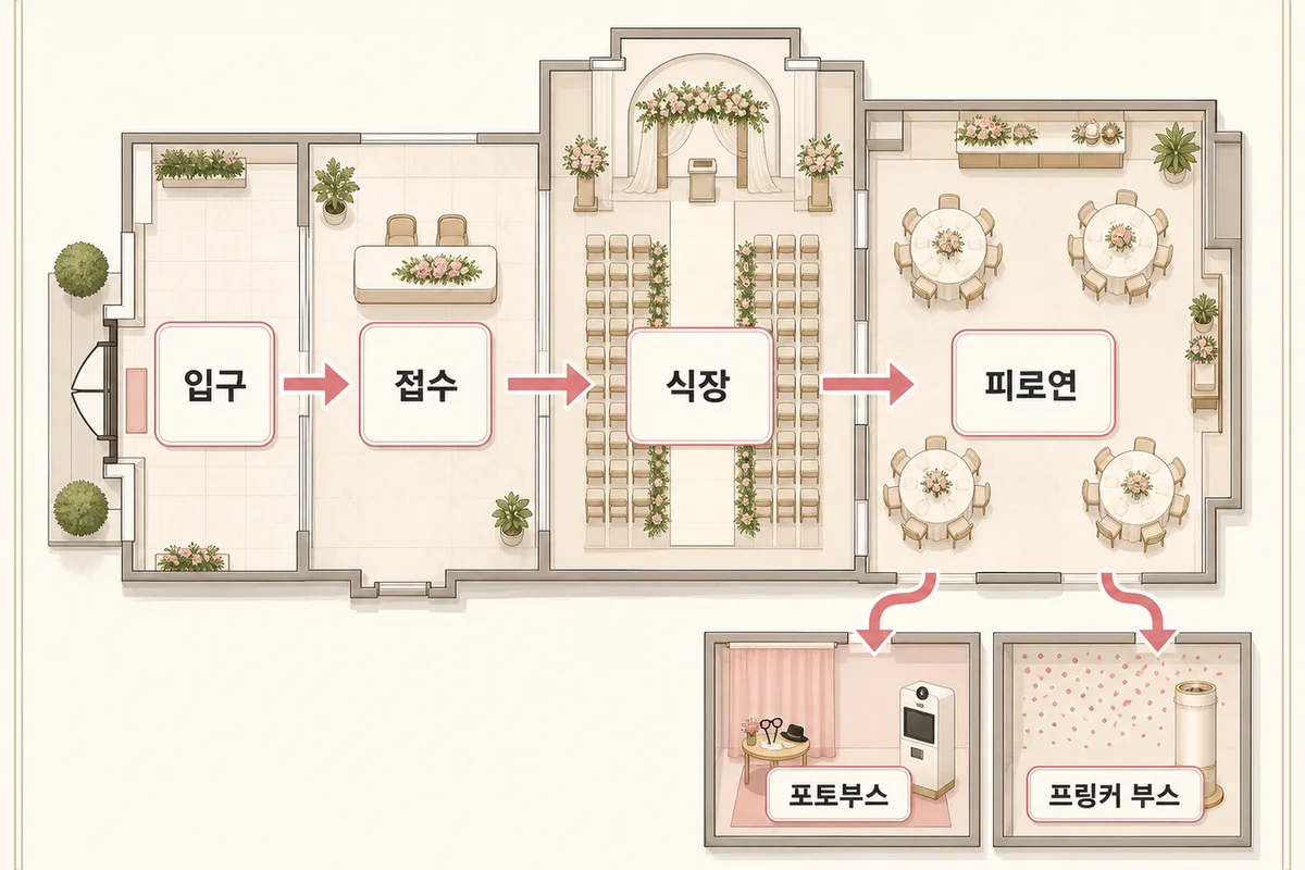 결혼식장 공간 배치도와 프링커 부스 위치·동선 시각화