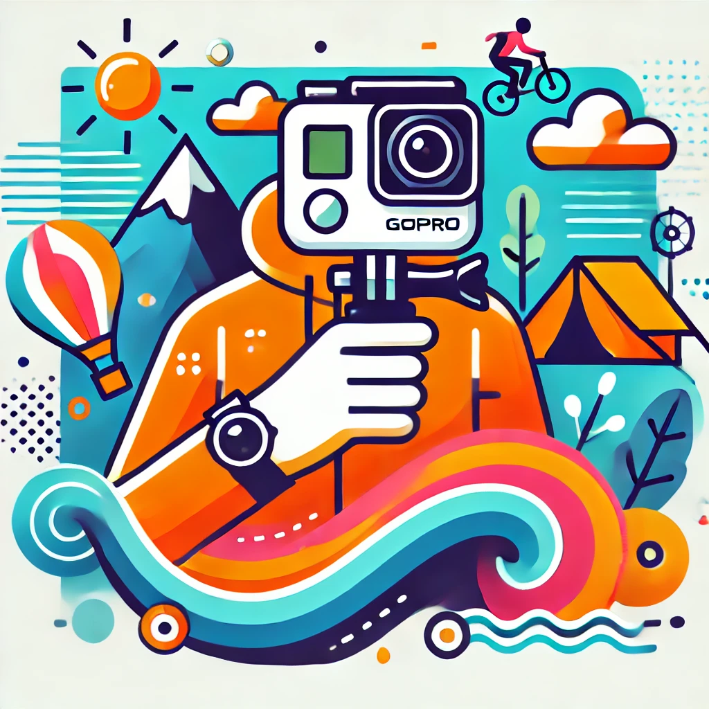 여행을 기록하기 위해 작은 액션 카메라를 들고 있는 사람과 주변의 바다 파도, 산, 캠핑 텐트, 나무 등 여행과 레저를 상징하는 아이콘들이 포함된 생동감 있고 미니멀한 일러스트.