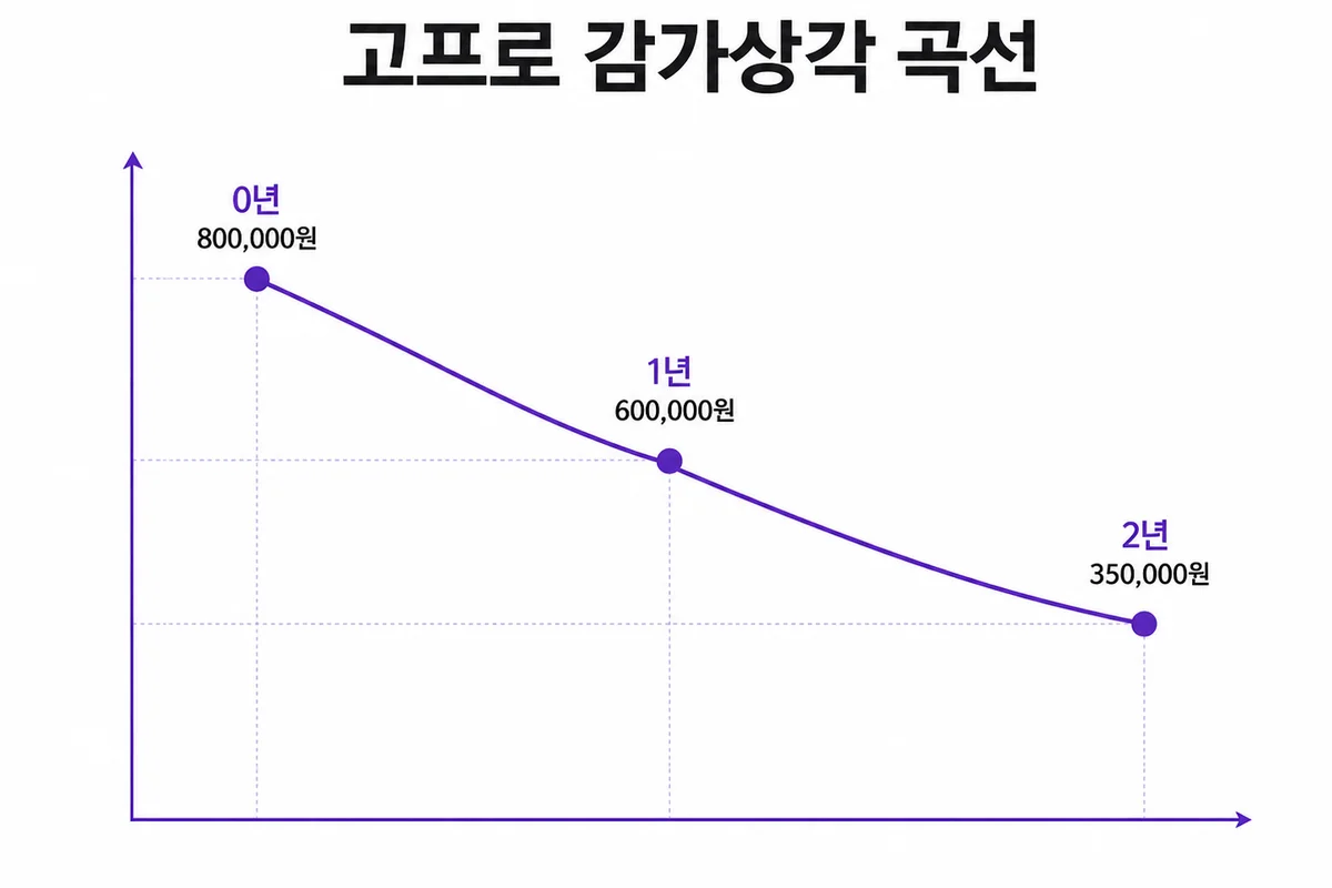 고프로 구매 후 2년간 감가상각 곡선을 보여주는 차트, 잔존가치 하락 추이