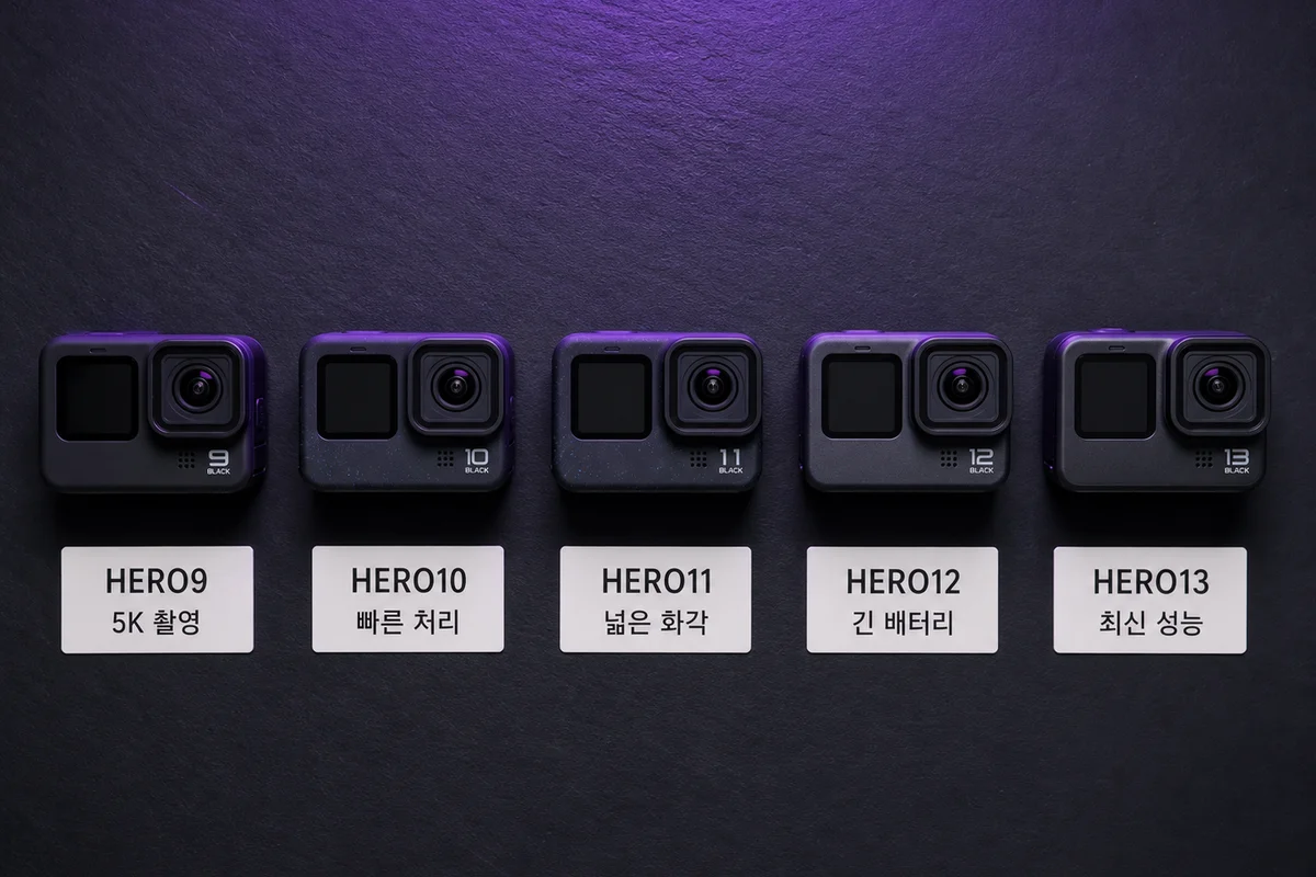 고프로 HERO9부터 HERO13까지 5개 모델을 나란히 배치한 라인업 비교 사진