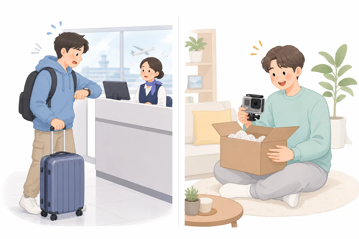 공항 수령과 자택 택배 수령의 동선·변수 비교 일러스트