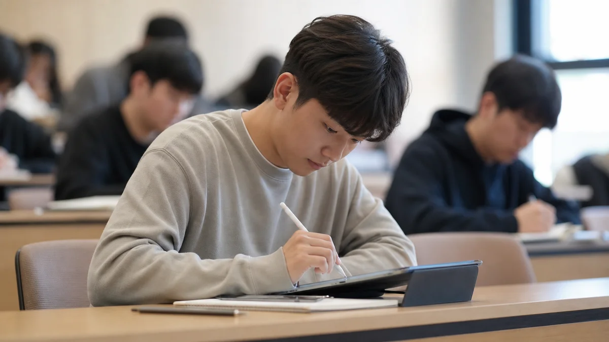 강의실에서 태블릿에 터치펜으로 필기하는 대학생