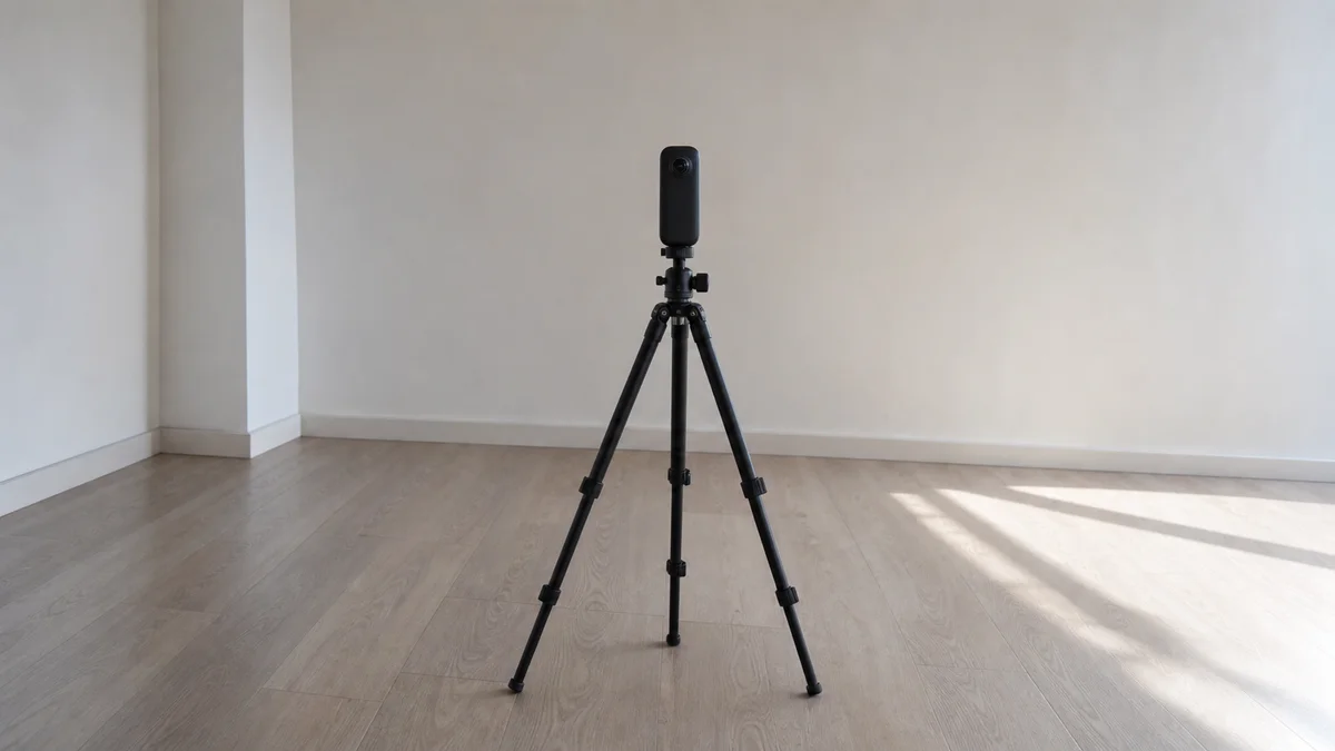 빈 방 한가운데 삼각대에 세워진 360도 카메라