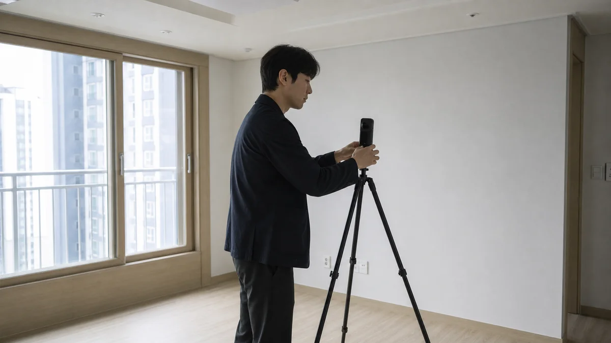 매물 방에서 360도 카메라 촬영을 준비하는 부동산 중개인