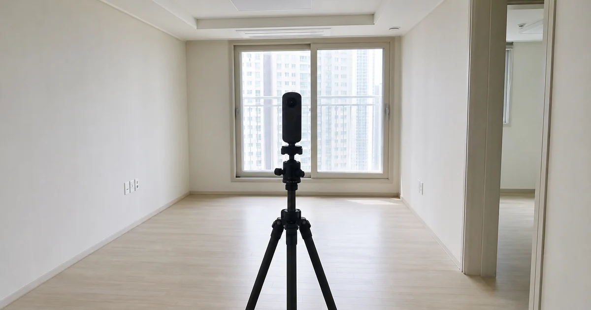 빈 아파트 방에서 360도 카메라로 부동산 매물을 촬영하는 모습