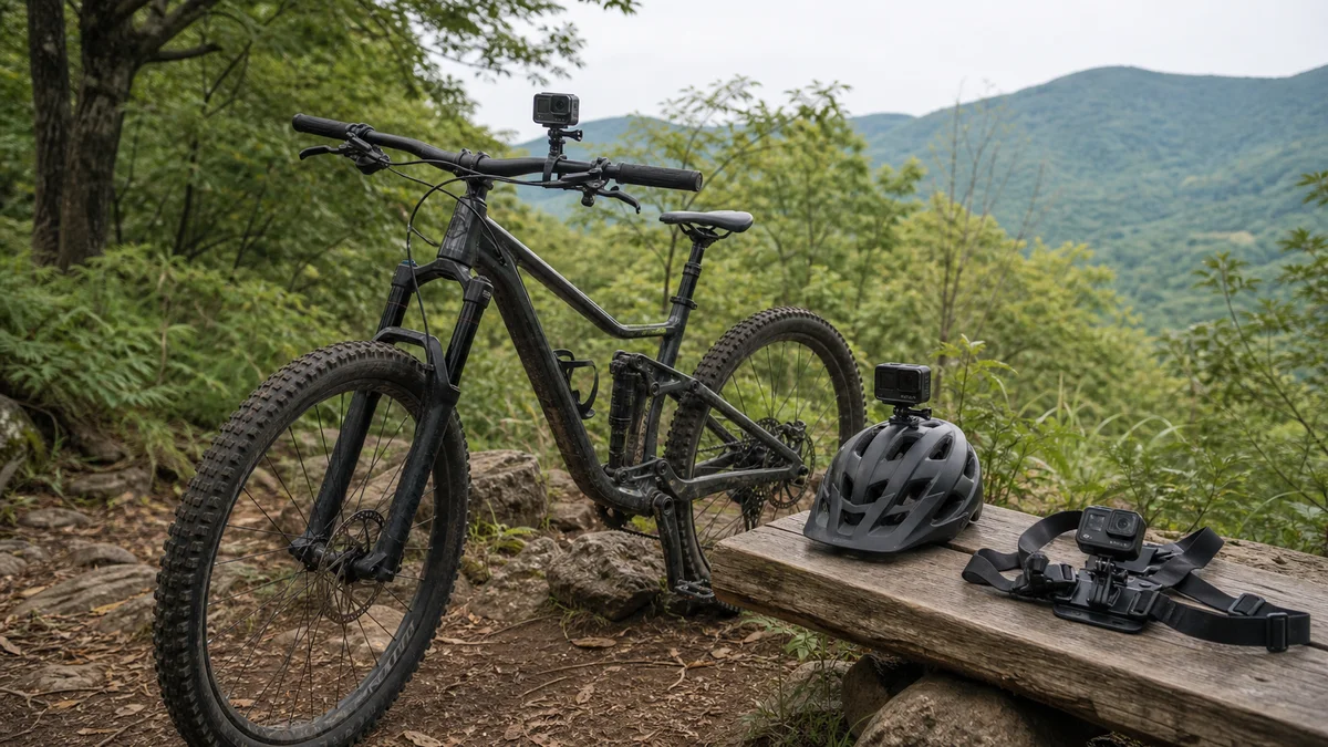 MTB 산악 라이딩에서 고프로를 헬멧·핸들바·체스트에 장착한 모습