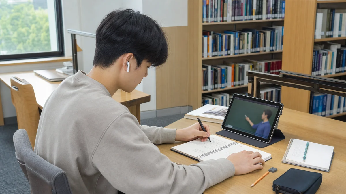 도서관 책상에서 태블릿으로 인강을 보며 필기하는 수험생