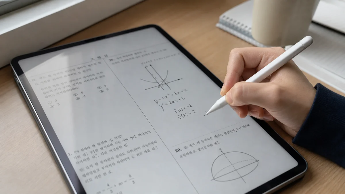 태블릿 PDF 문제지 위에 디지털 펜으로 풀이하는 모습