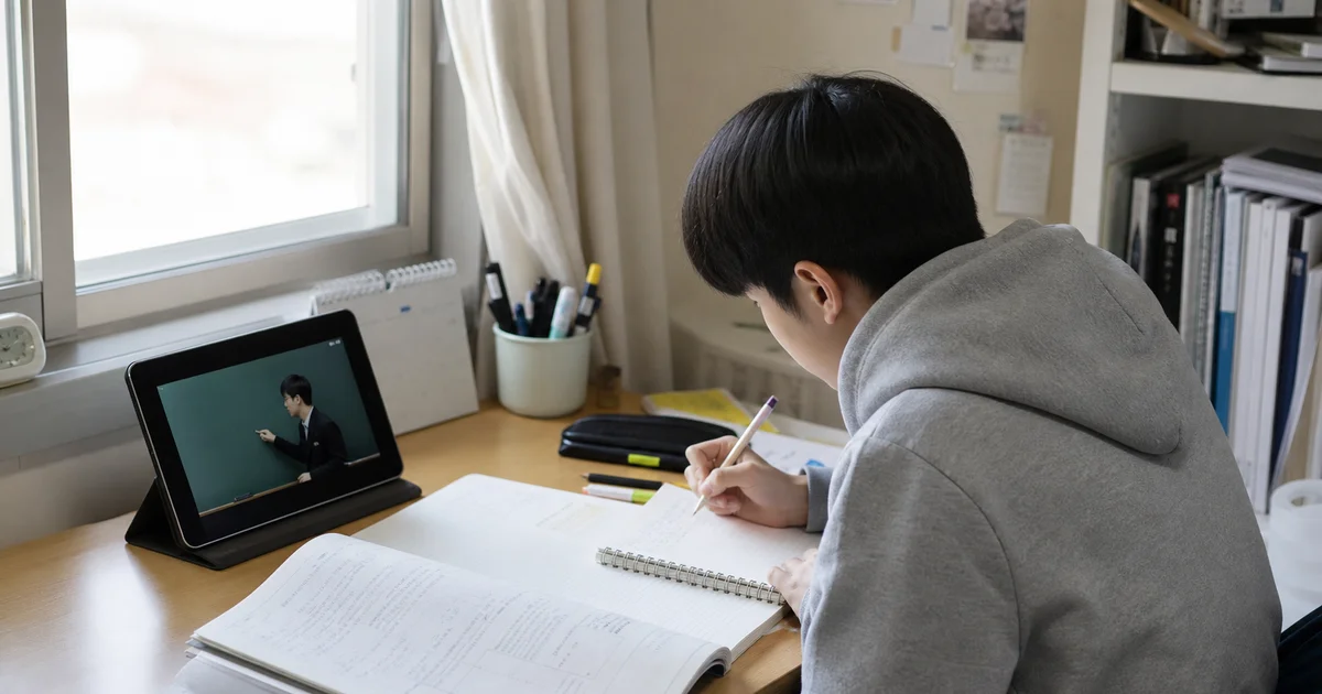 책상에서 태블릿으로 인터넷 강의를 보며 수능 공부를 하는 수험생