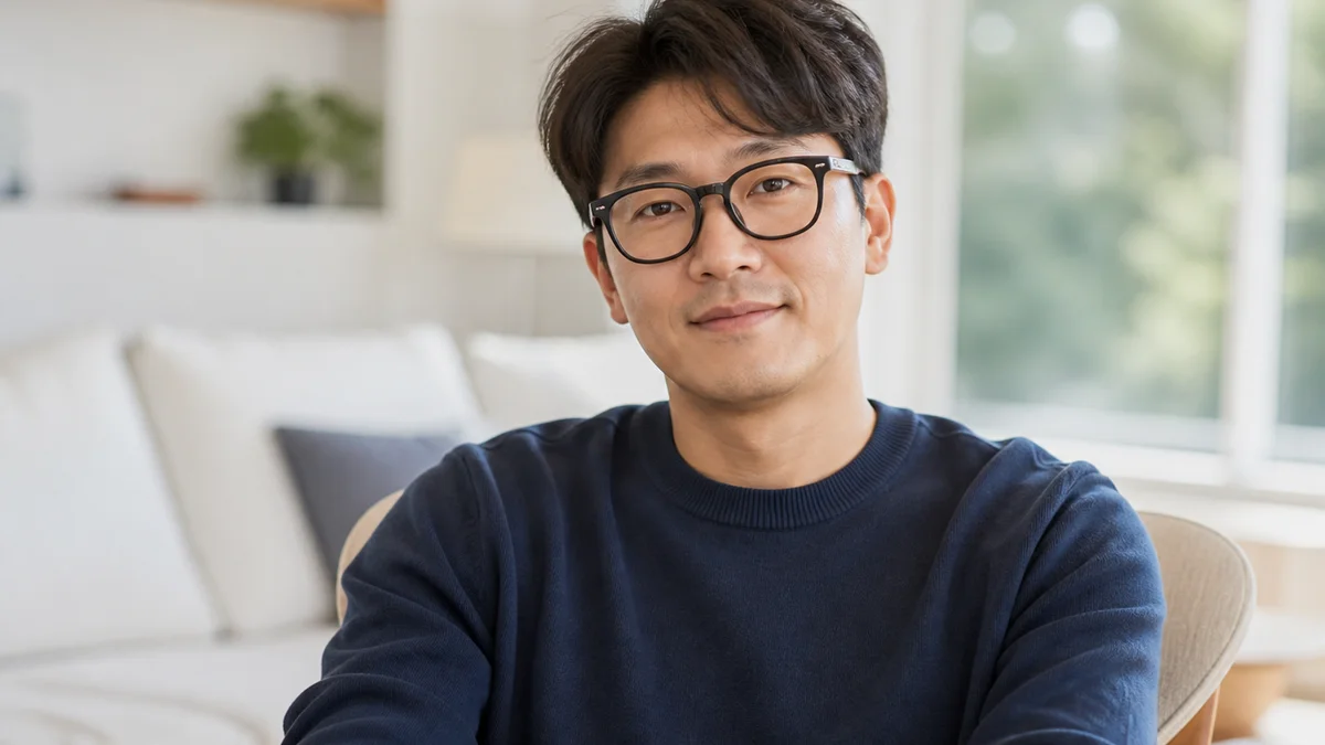 AR 글래스를 착용하고 앉아 있는 사람의 실내 자연광 사진