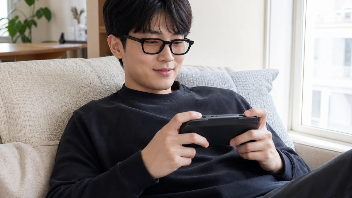 소파에 누워 AR 글래스를 쓰고 휴대용 게임기를 잡고 있는 모습