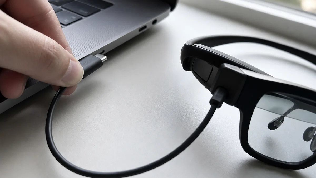 USB-C 케이블을 노트북에 연결해 AR 글래스를 쓰려는 손 클로즈업