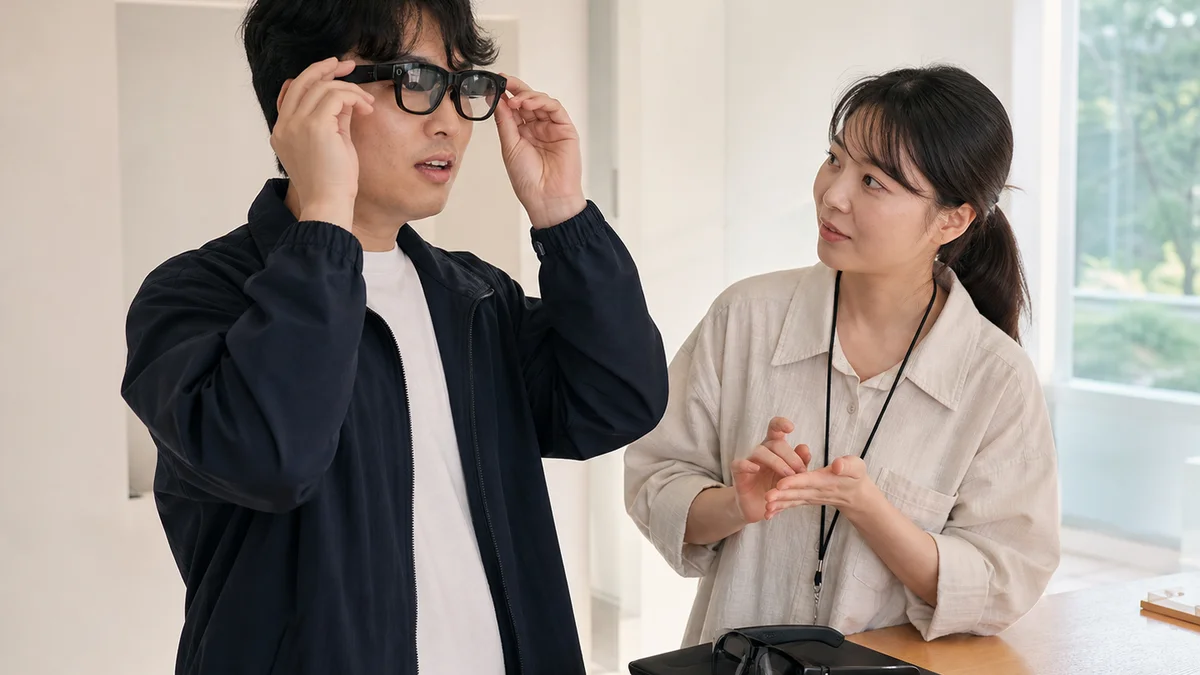 밝은 실내 체험 공간에서 스마트글래스를 착용해 보는 방문객