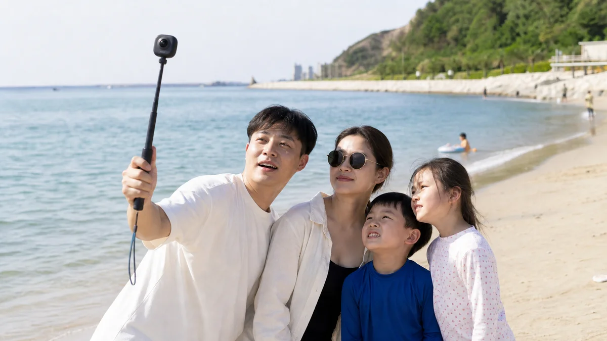 여름 해변에 모인 가족과 셀카봉에 매달린 360도 카메라