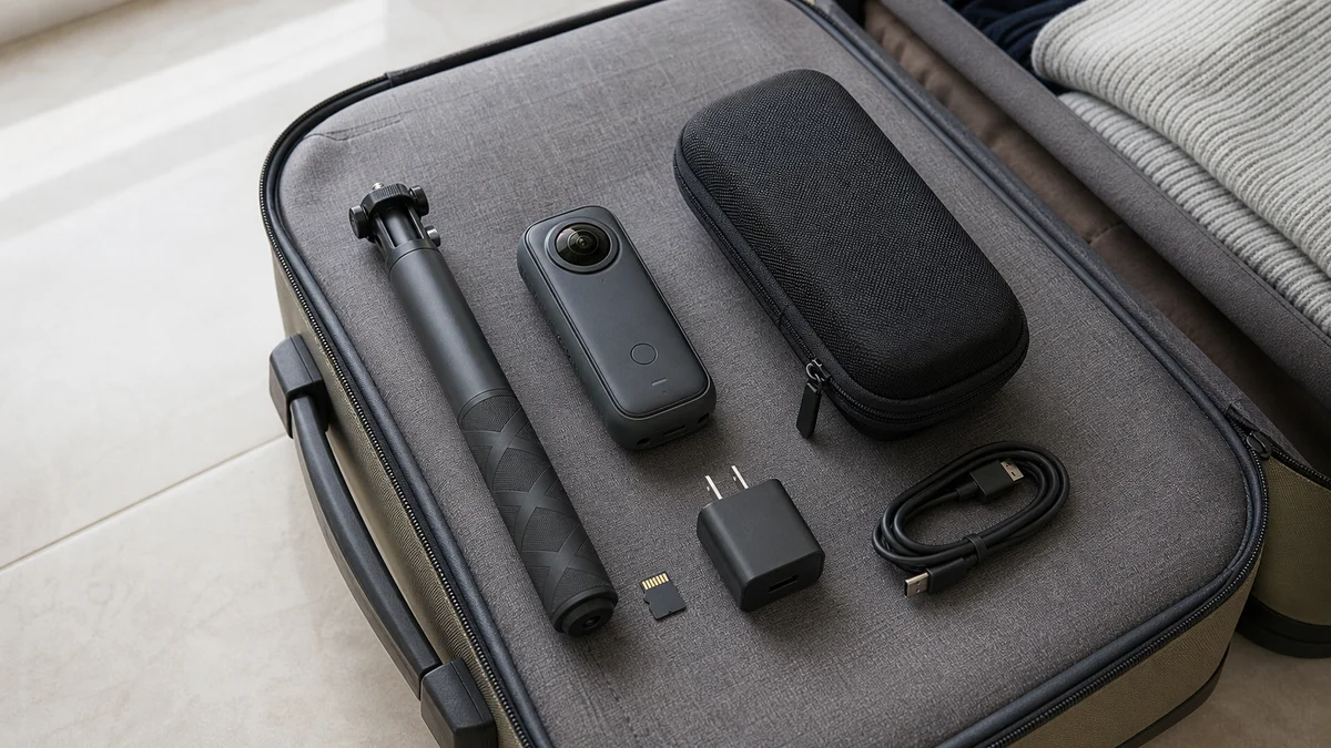 360도 카메라 본체와 셀카봉·충전기·SD카드·케이스가 정리된 운영 키트
