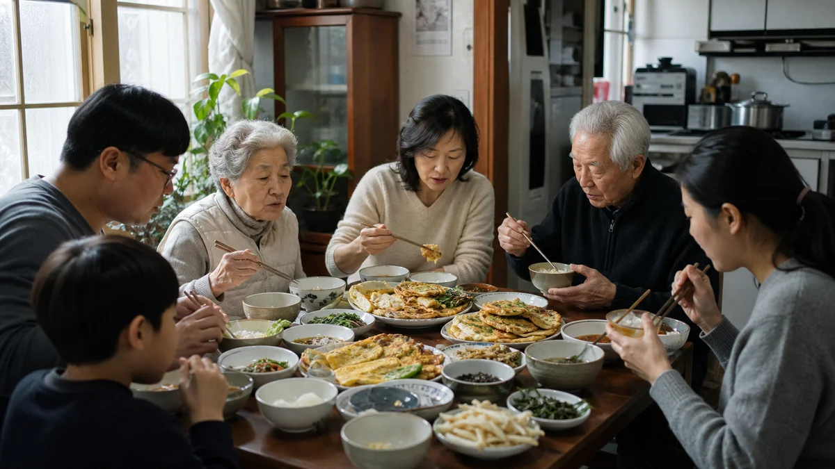 명절 음식이 차려진 식탁에 둘러앉은 가족