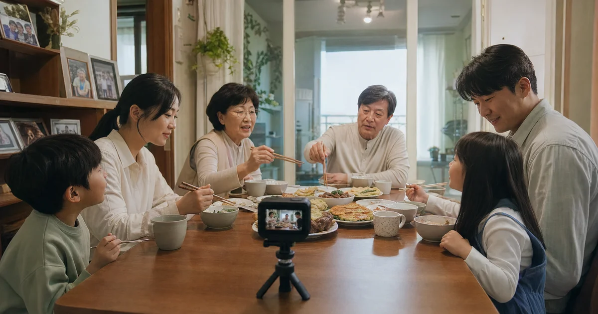 추석 가족 모임을 식탁 옆 액션캠으로 촬영하는 모습