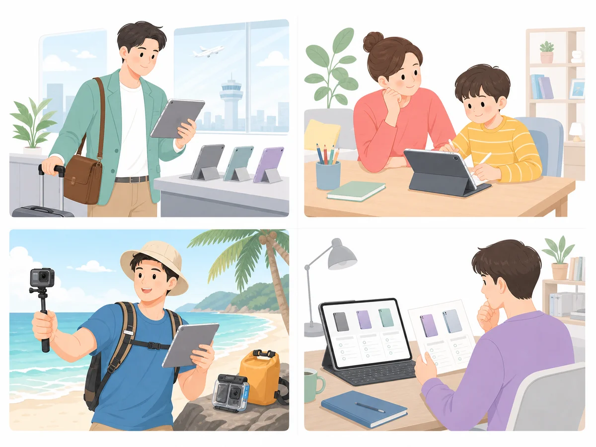 출장 자녀 학습 해외여행 구매 전 체험 네 가지 태블릿 대여 시나리오 매트릭스 일러스트