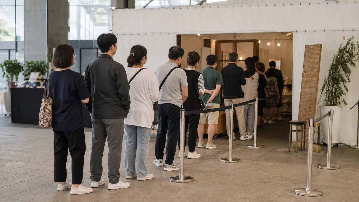 체험 부스 앞에 줄을 서서 기다리는 사람들
