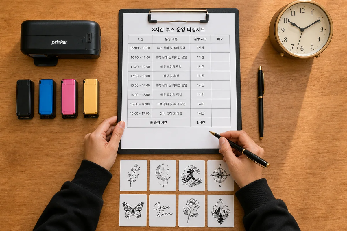 프링커 부스 8시간 운영 타임시트와 카트리지 디자인 카드