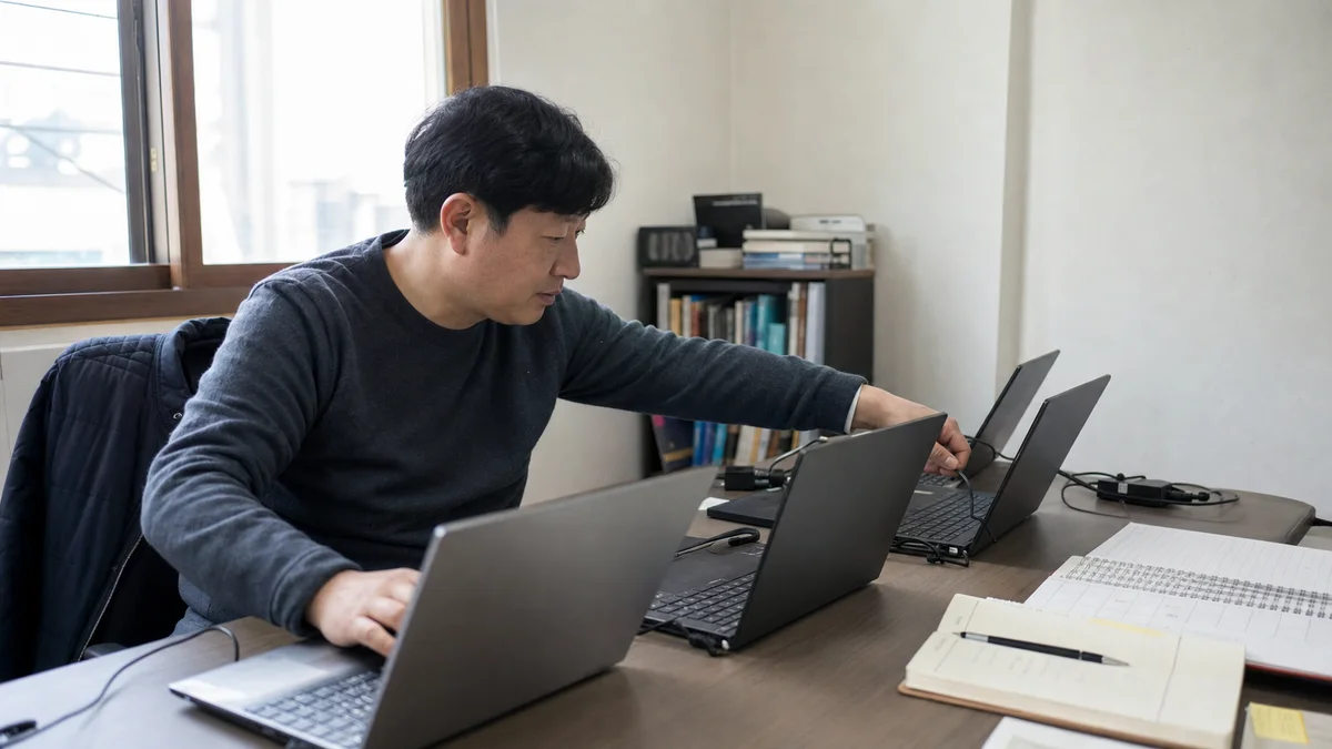 학원 운영자가 노트북 여러 대를 셋업하는 모습