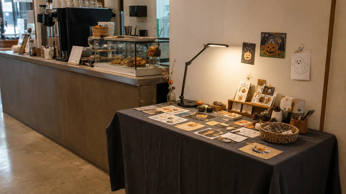 카페 카운터 옆에 차린 핼러윈 체험 부스 테이블