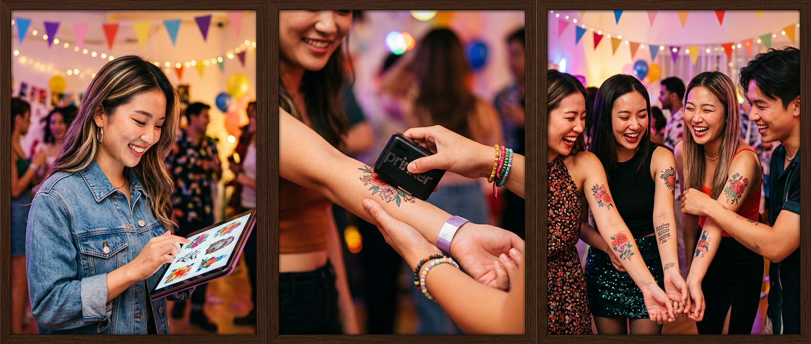 프링커S 사용법 3단계 — 디자인 선택, 프린팅, 완성된 타투 비교