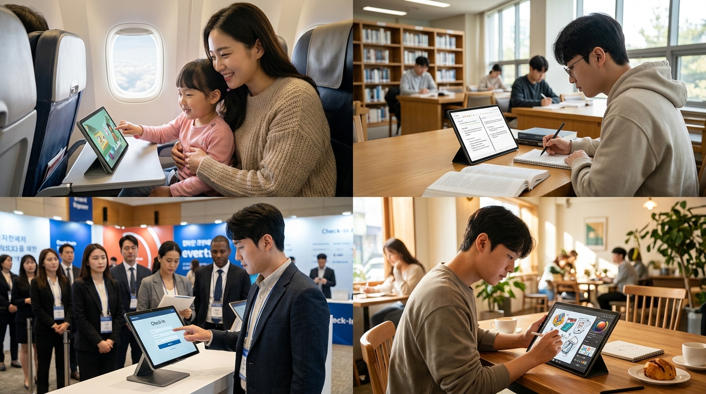 태블릿 활용 — 비행기 엔터테인먼트, 도서관 학습, 행사 체크인, 카페 디자인